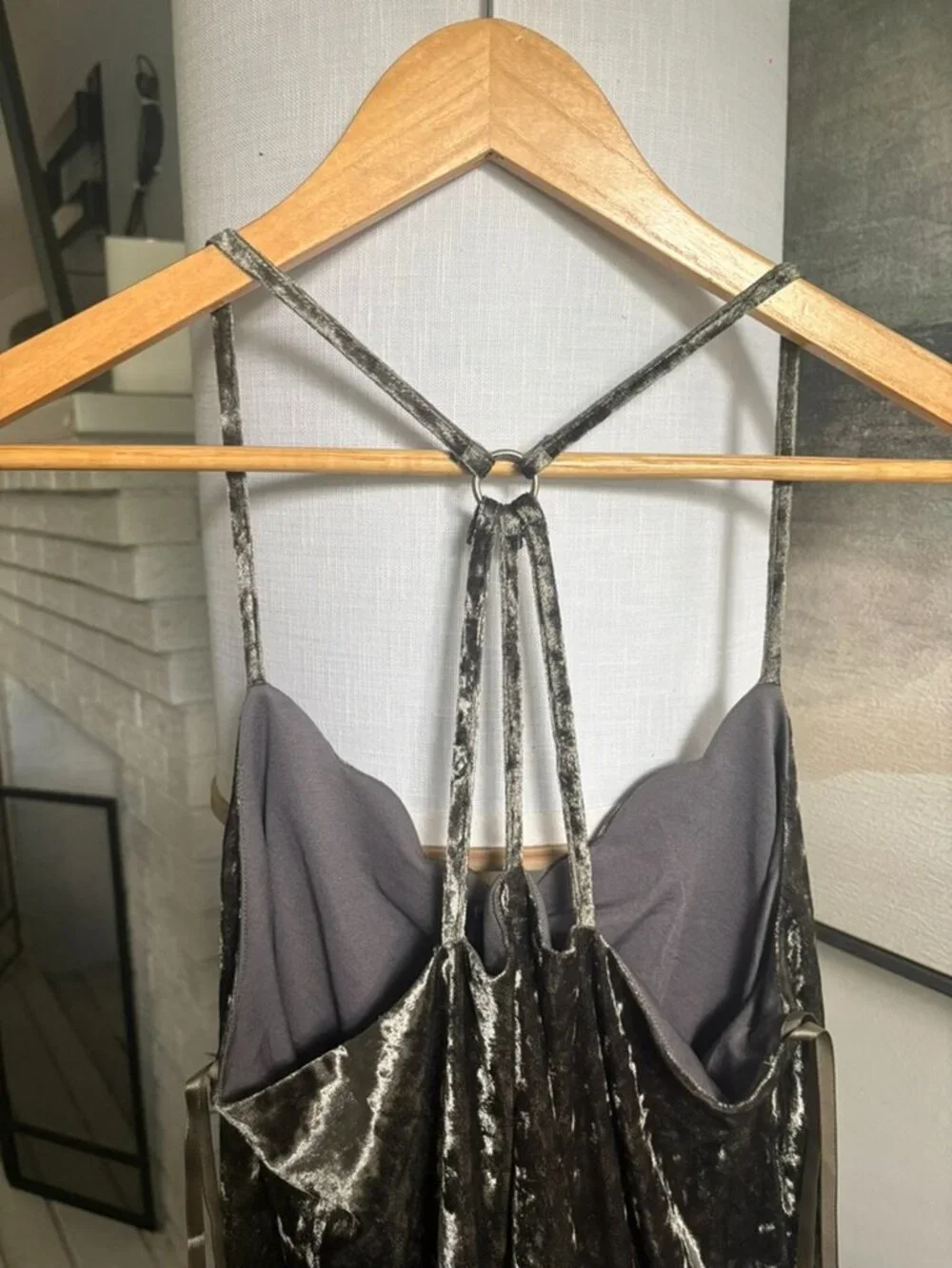 Charcoal Crushed Velvet Strappy Open Back Cami Tank Top